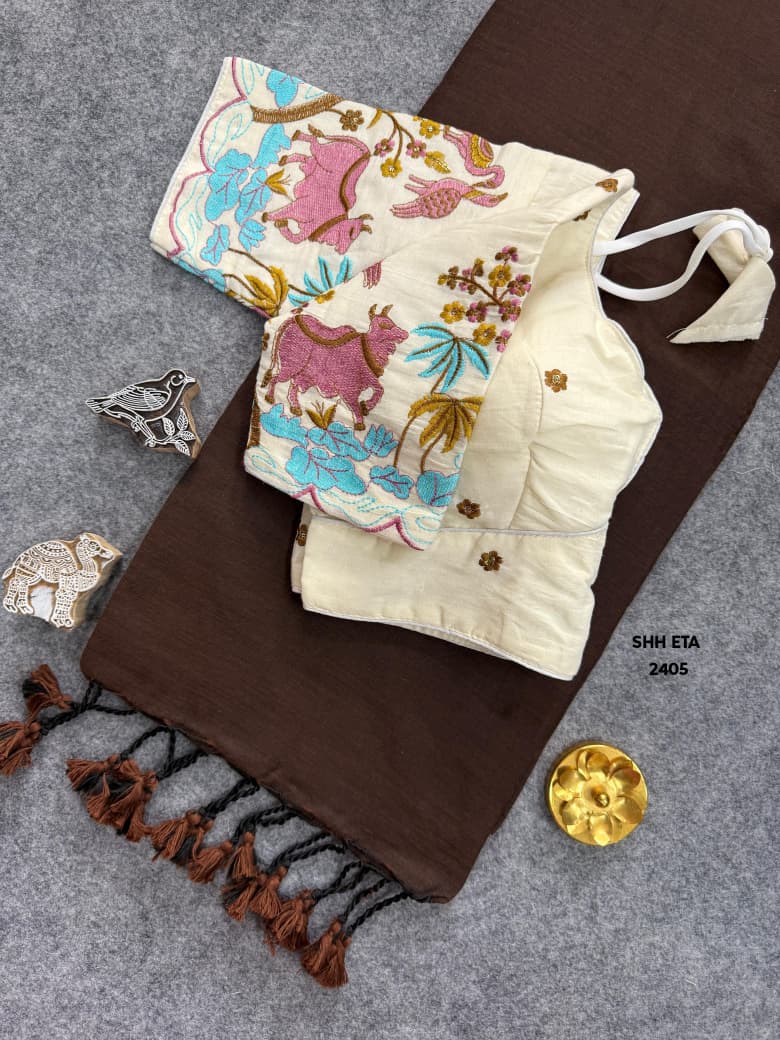Plain Linen Cotton Handloom Saree with Tassels